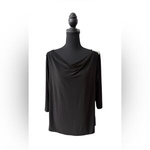 Liz McCoy Black Drape Neck Blouse with Shimmering Embellishments on Shoulders